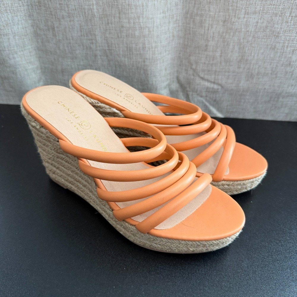 Chinese Laundry Wedge‎ Sandals Women's US 7.5 Orange Strappy Slip On Beachy Fun